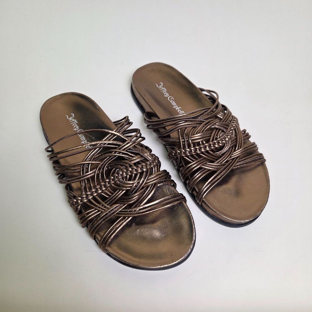 Jeffrey Campbell Intwined Woven Leather Slide Sandals Bronze Metallic Size 7